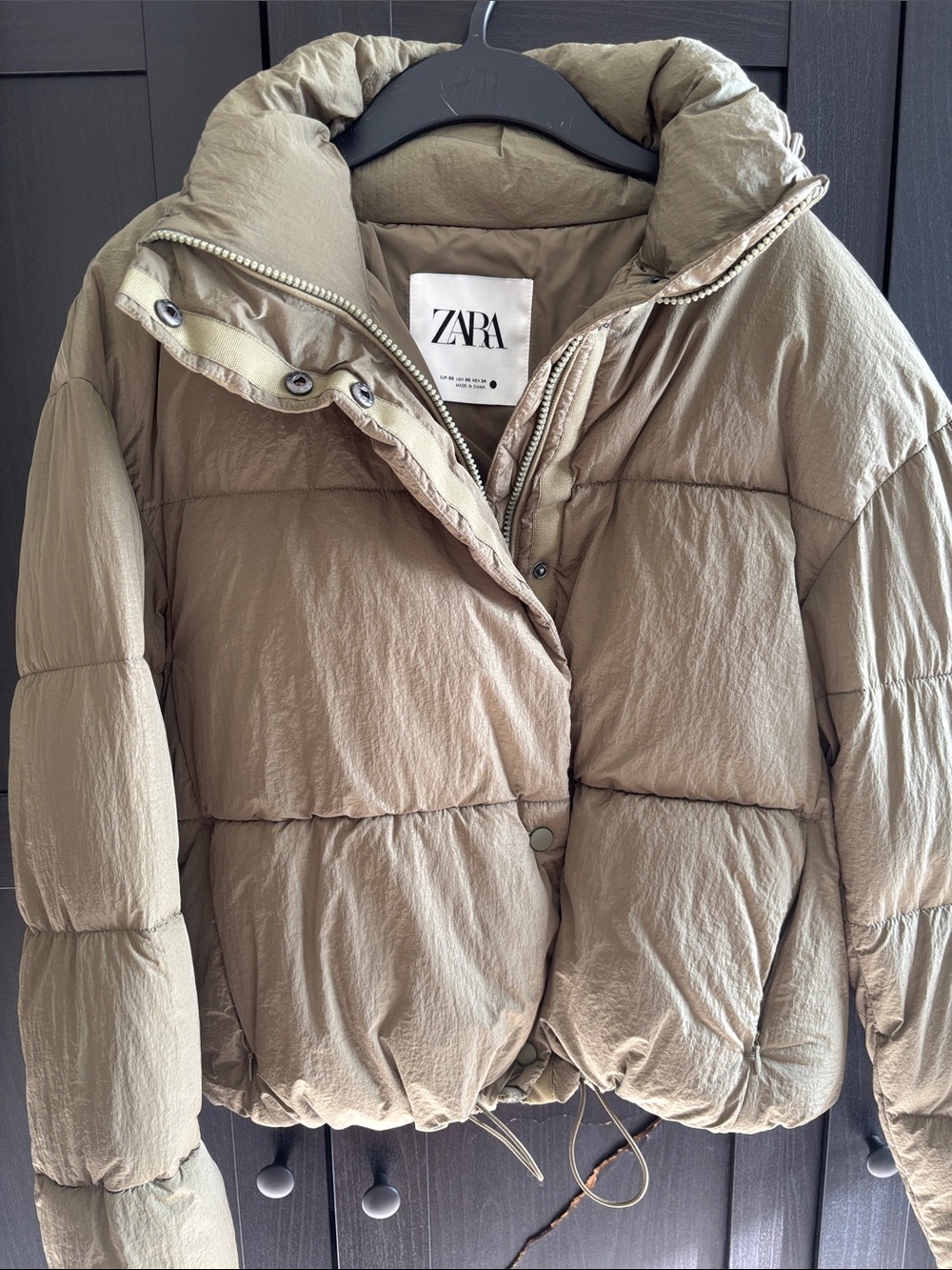 Zara Olive-Taupe Puffer Jacket with High Collar